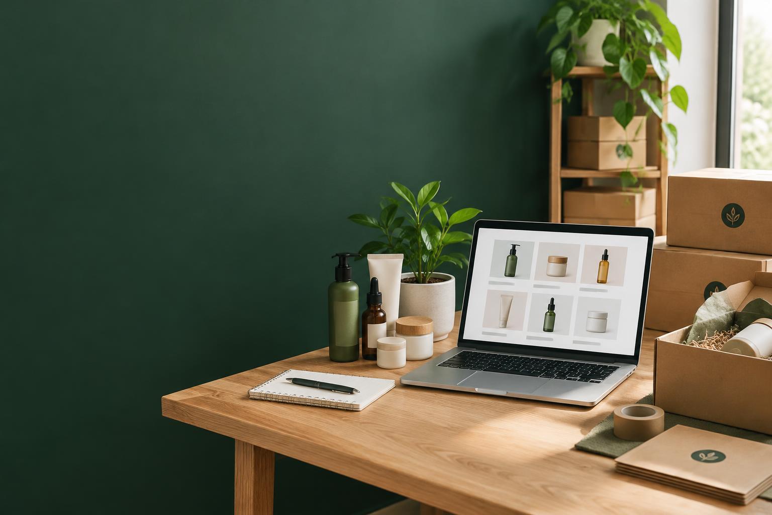 Products and a laptop in an online store packing workspace